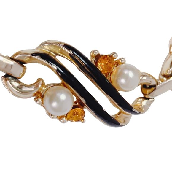 Vintage 50s Gold Tone Black Enamel Faux Pearl Rhinestone Link Choker Necklace - Picture 7 of 14